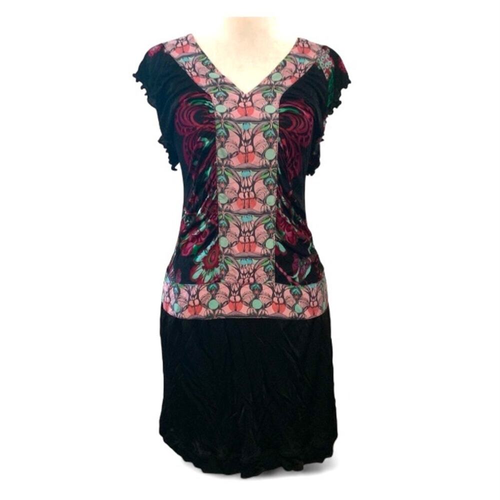 Vintage Custo Barcelona Black Floral Butterfly Mini Dress Pink Green Size S